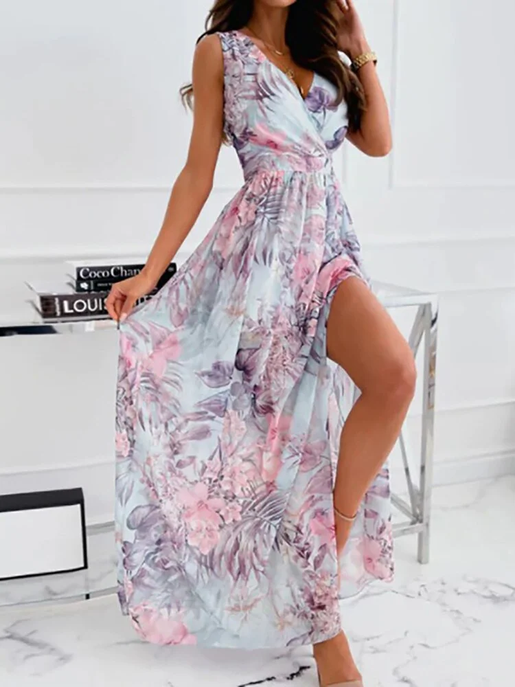 Elegant Long Dresses For Women Party Female Sexy V Neck Retro Print Maxi Dress Spring Summer Sleeveless Streetwear Loose Dresses