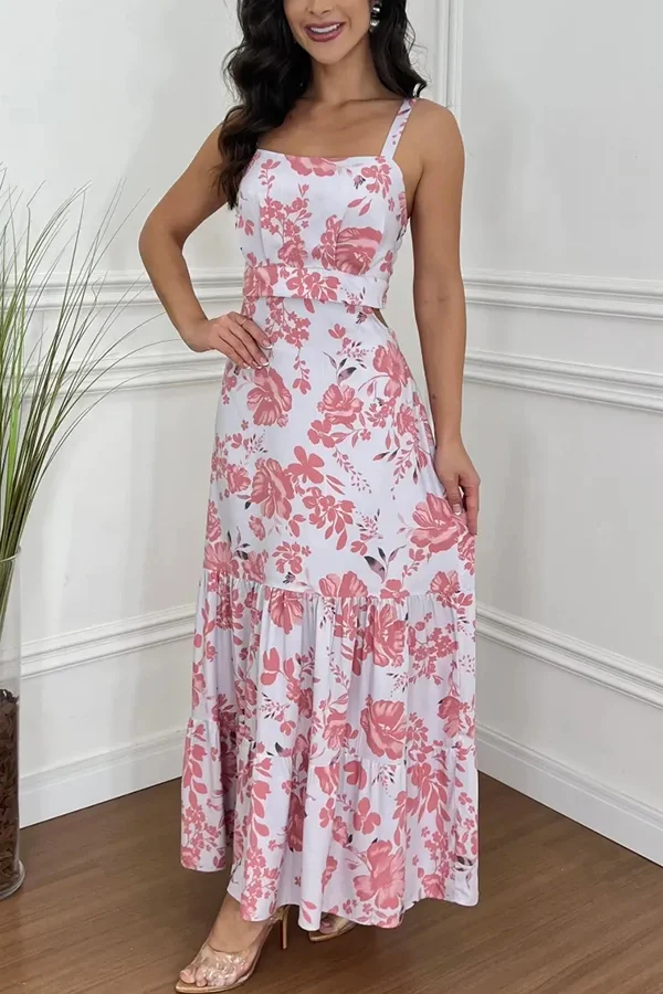 Vintage Charm Floral Print Cutout Back Smocked Maxi Dress