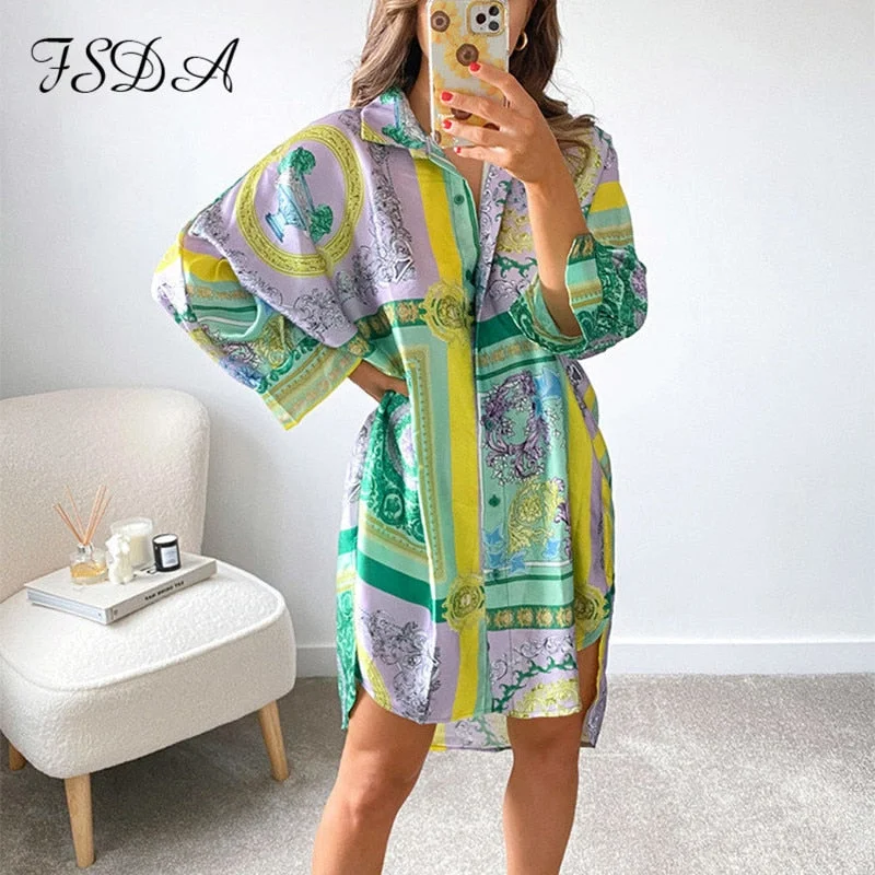 FSDA 2021 Summer Long Sleeve Shirt Dress Women V Neck Print Blue Loose Beach Sexy Party Casual Green Dresses