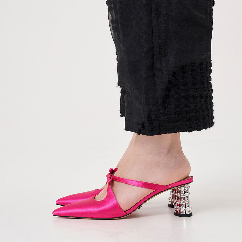 Pink Satin Closed Toe Decorative Heel Strappy Mules Nicepairs