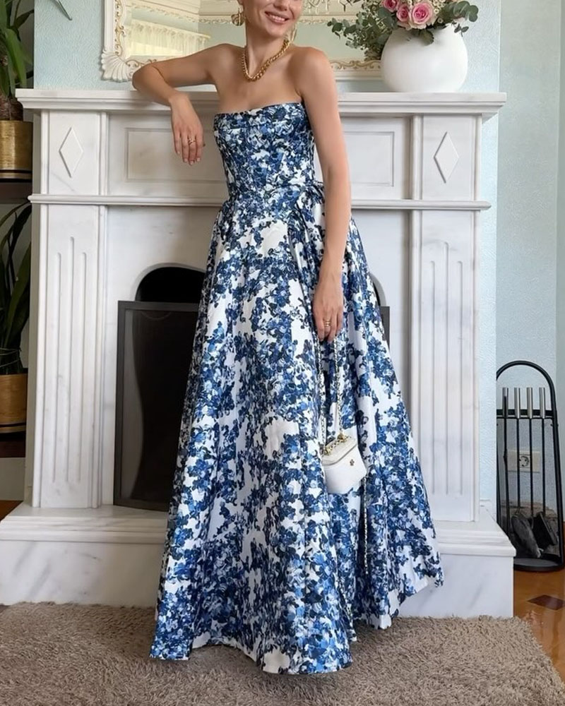 Rotimia Elegant Strapless Printed String Dress