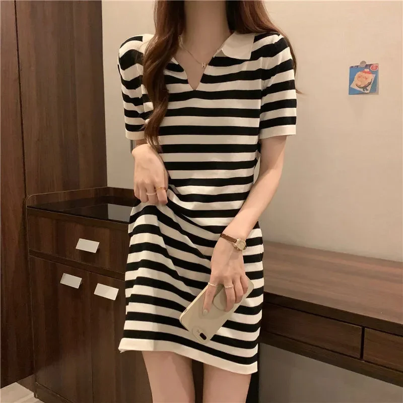 Uveng Uveng Version Of Temperament Striped T-Shirt Dress Retro POLO Received Waist-Skinny Straight Dress Summer Dress Girl