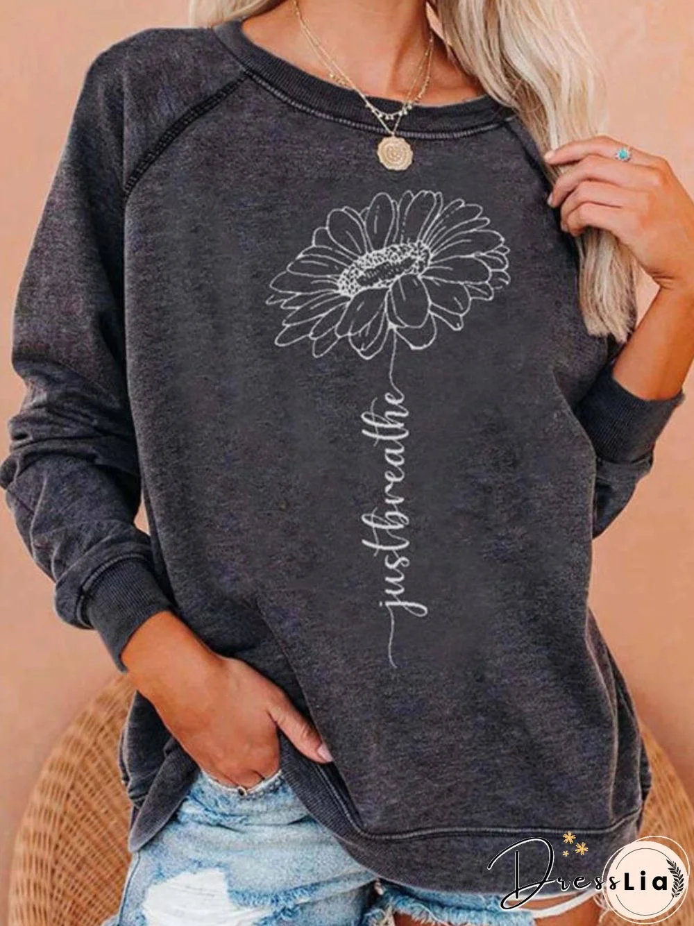 Long Sleeve Floral-Print Crew Neck Casual Sweatshirts