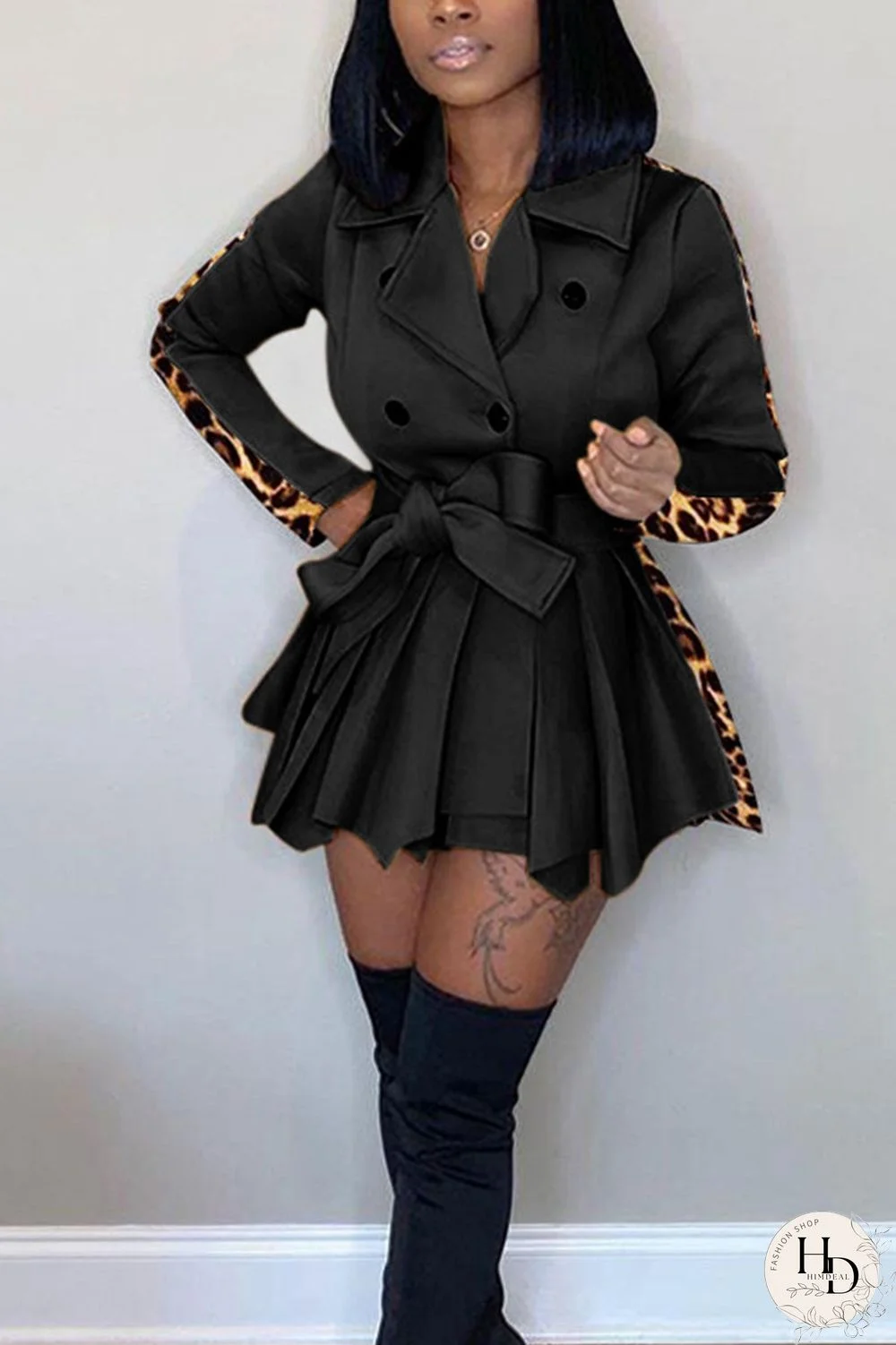 Black Fashion Leopard Camouflage Print Split Joint POLO collar Asymmetrical Dresses