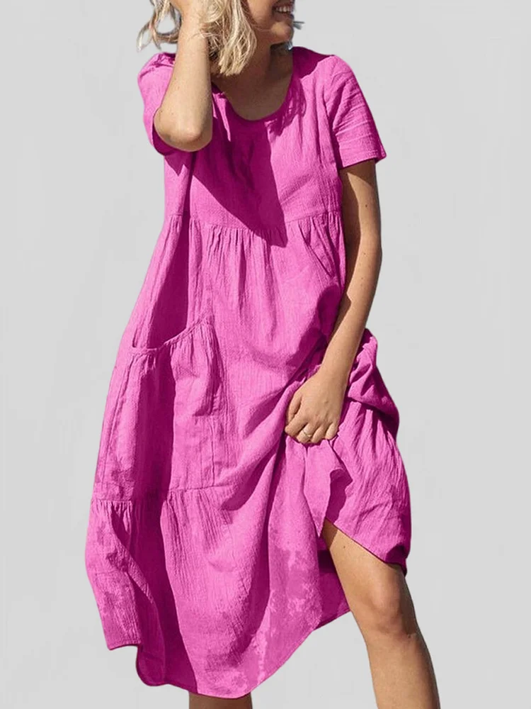 Short Sleeve Loose Crinkled Cotton Linen Pocket Dress