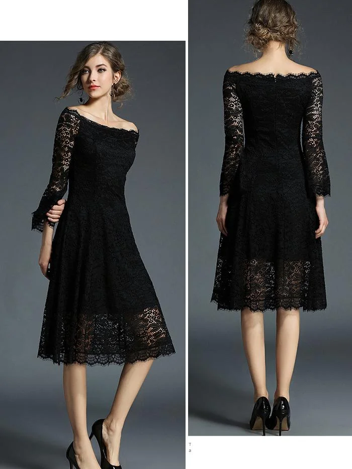 One-line collar, mid-sleeve, flared sleeve lace dress