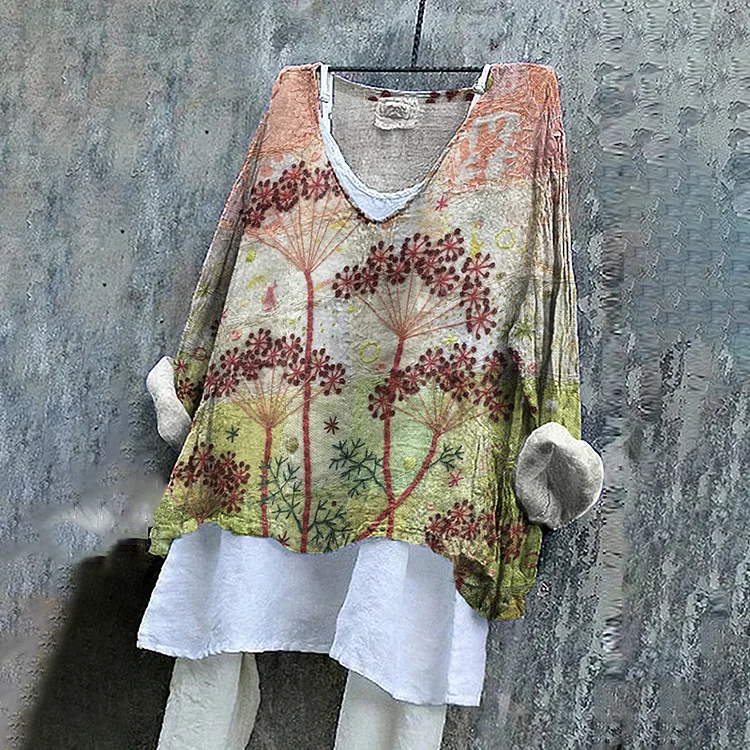 Utbros Retro Fanciful Garden Floral Embroidered Art Linen Blend Tunic