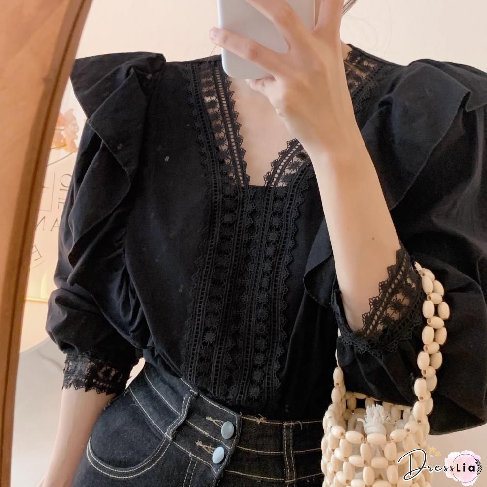 Womens Long sleeve shirt chiffon blouse ruffle neck irregular streetwear casual loose
