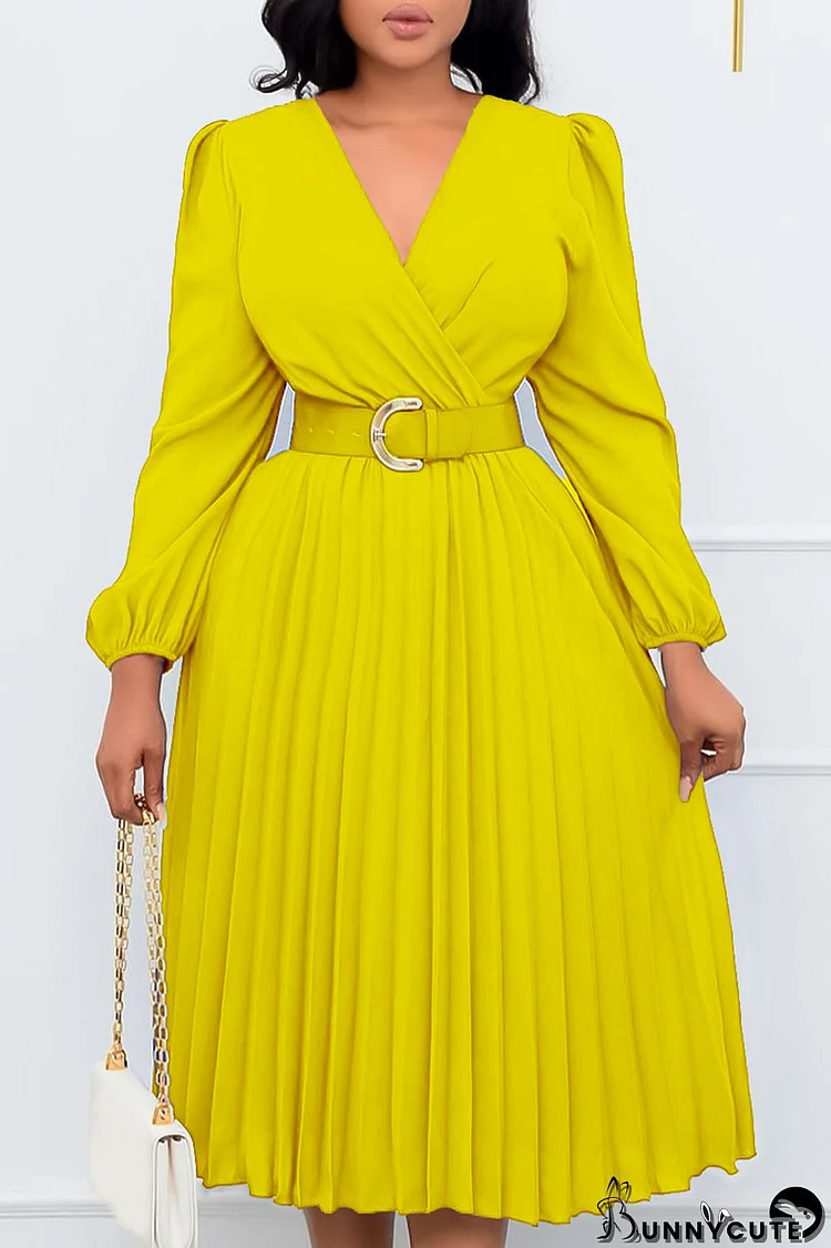 Yellow Casual Solid Patchwork Fold V Neck Waist Skirt Dresses(With Belt)