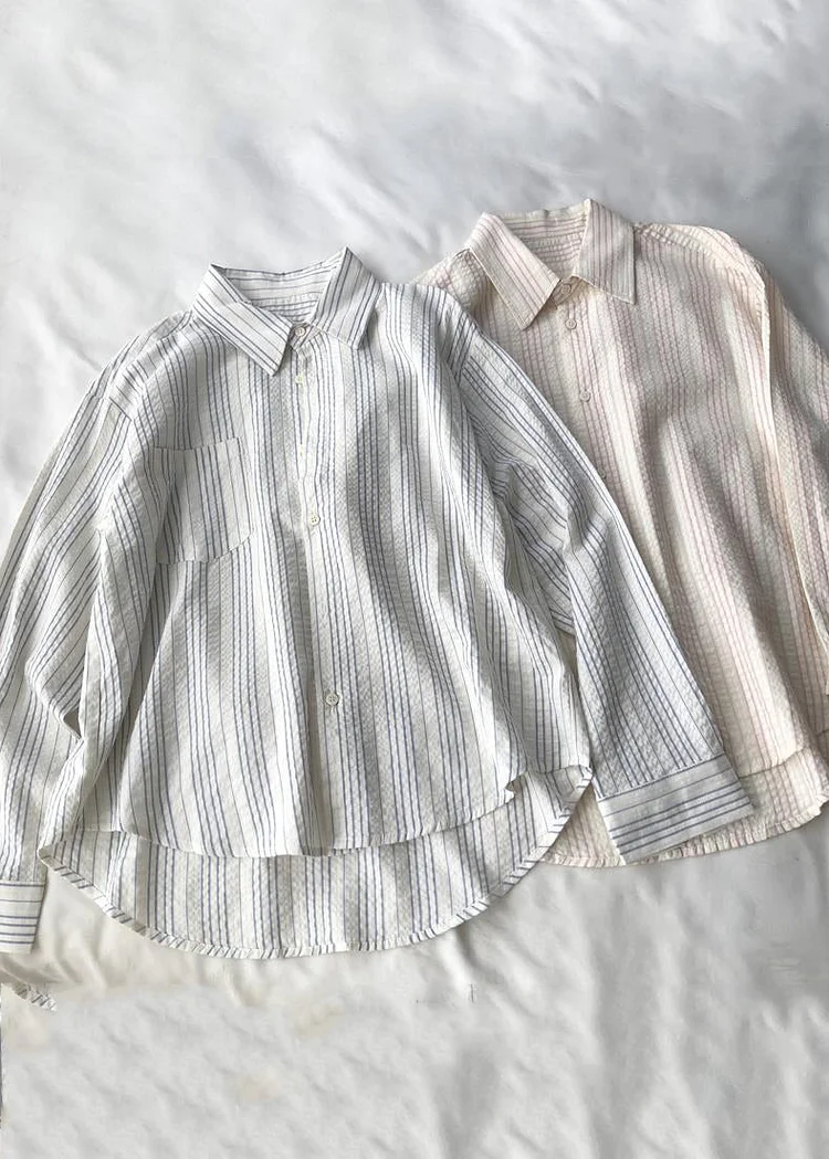 Loose Blue Peter Pan Collar Striped Button Shirt Long Sleeve