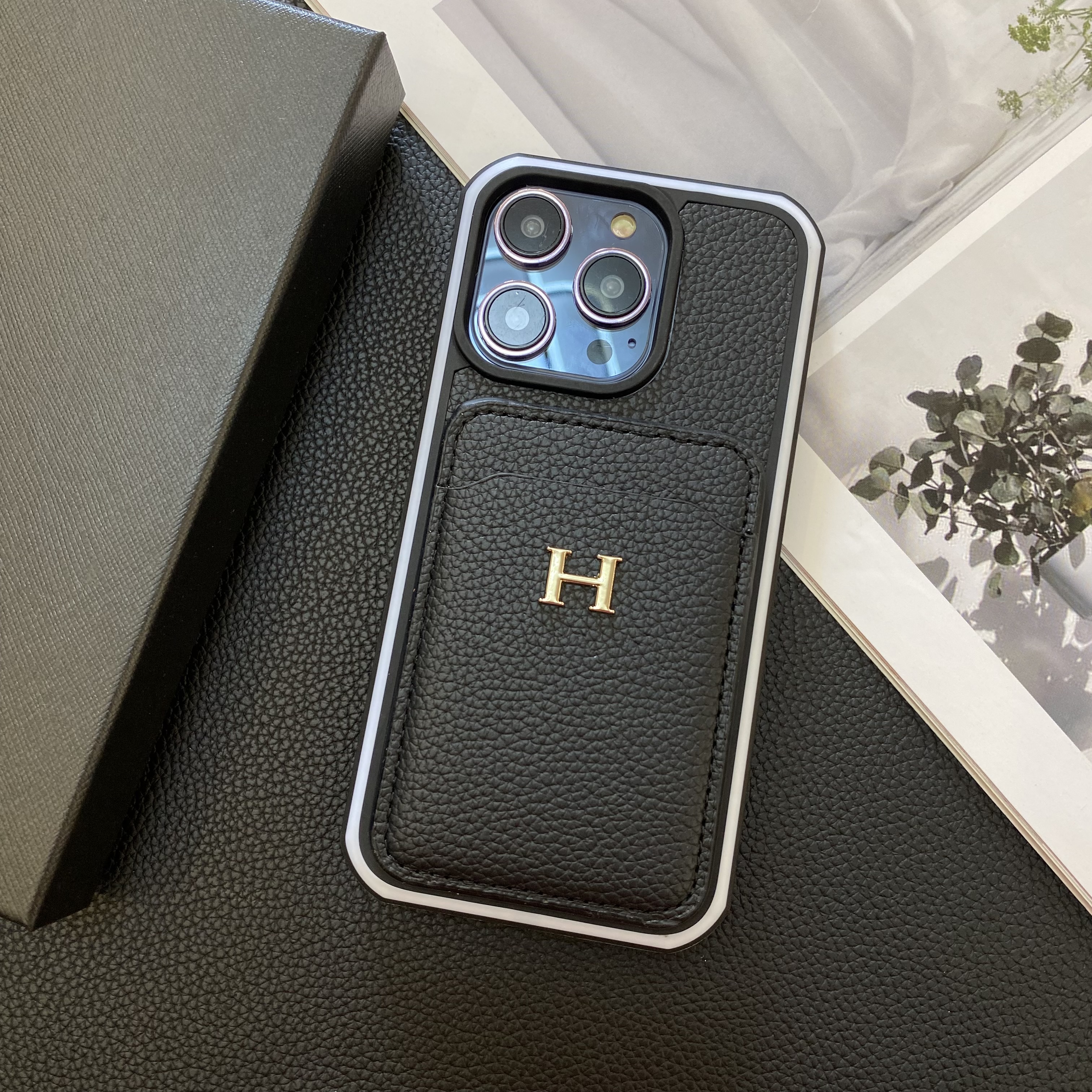 Hermes Genuine Leather Lychee Pattern Back Card Slot Apple iPhone Case