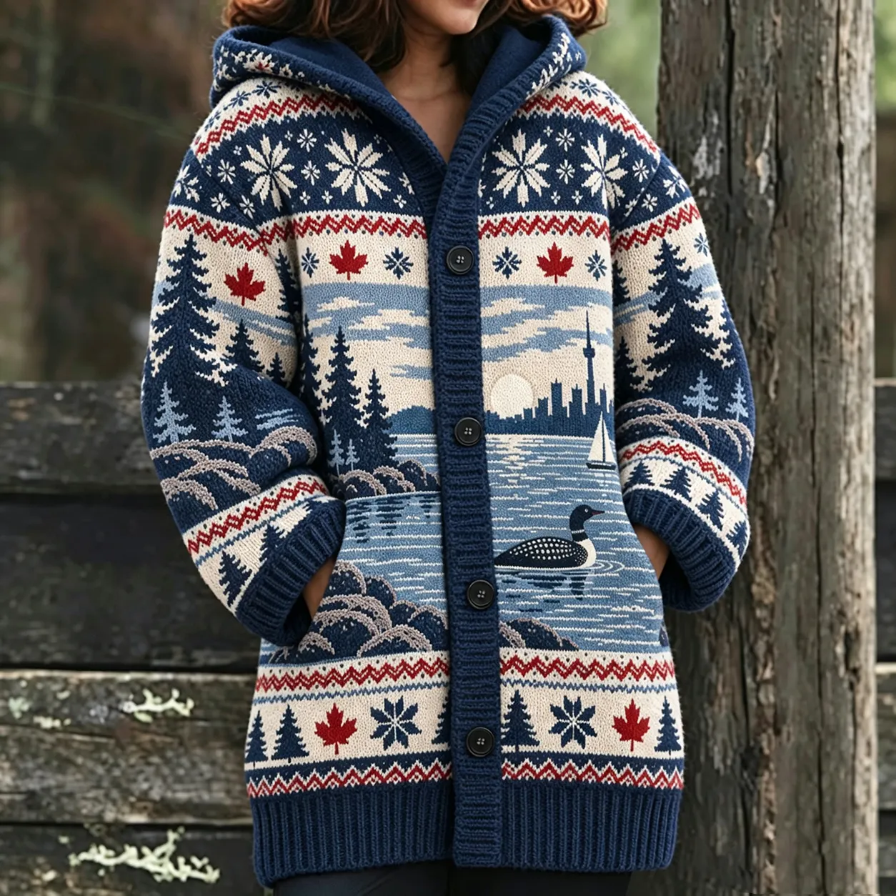 Comstylish Women's Vintage-style "lake Ontario Canada" Icelandic-knit Cardigan