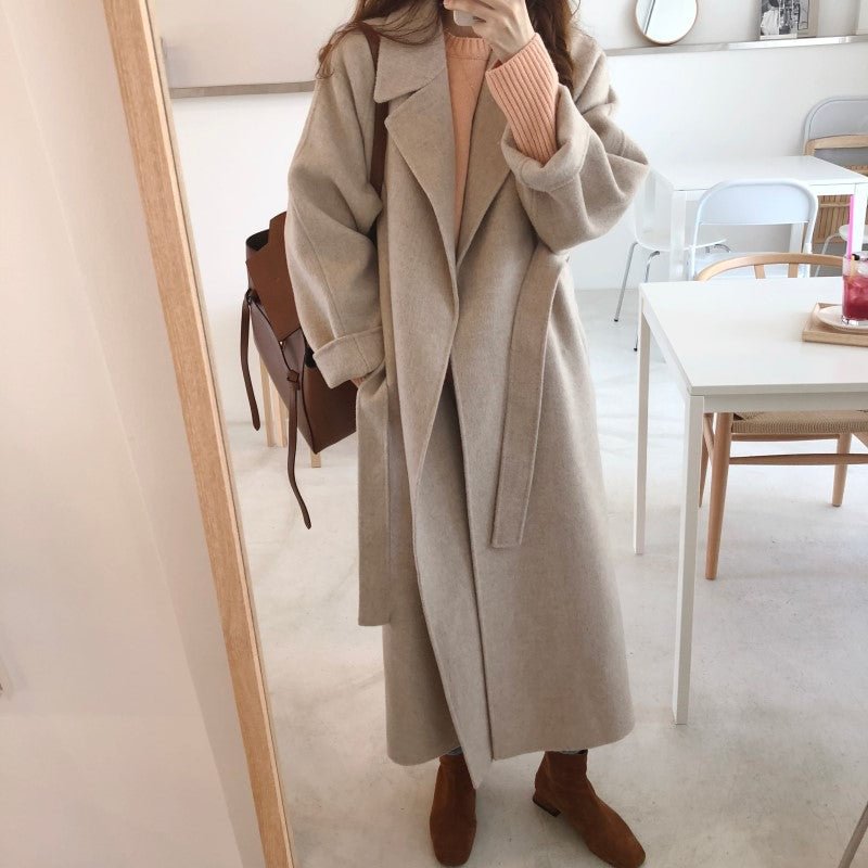 Autumn Winter New Women's Casual Wool Blend Trench Coat Oversize Long Coat with Belt Cashmere Outwear