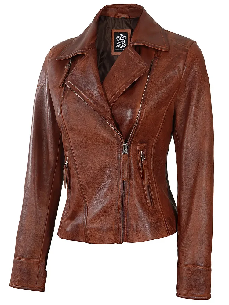 Ramsey Women's Cognac Fitted Asymmetrical Leather Jacket QueenFunky
