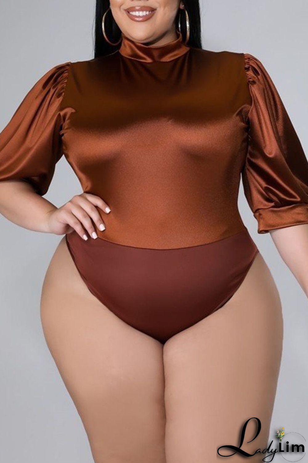 Coffee Casual Solid Patchwork Half A Turtleneck Plus Size Two Pieces