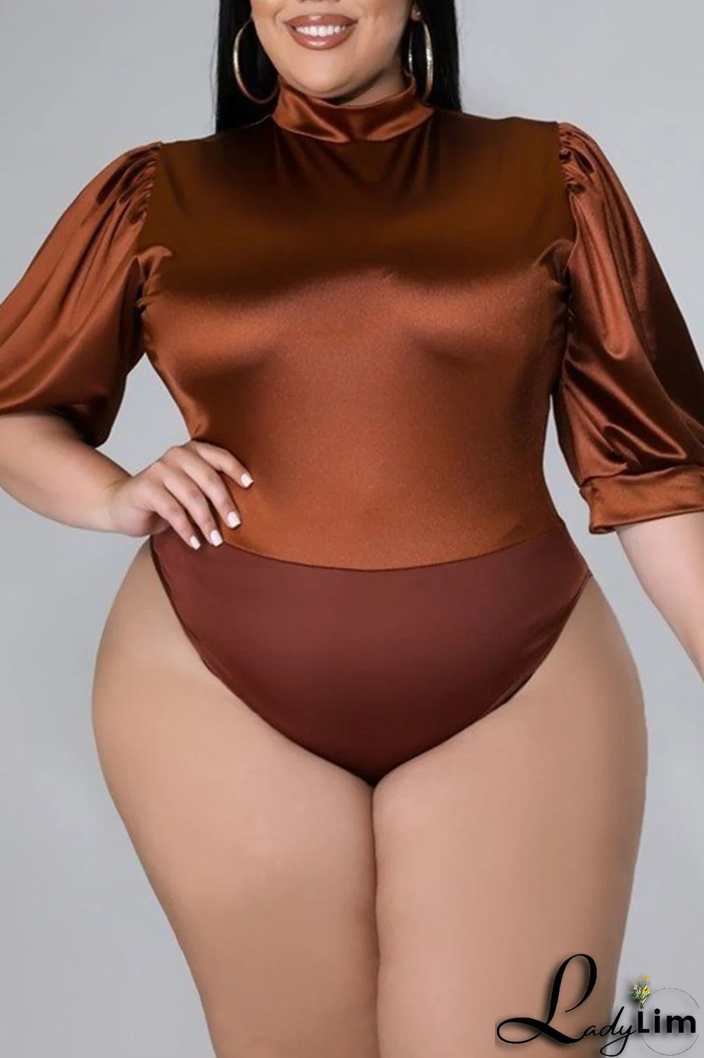 Coffee Casual Solid Patchwork Half A Turtleneck Plus Size Two Pieces