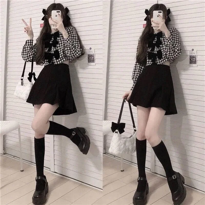 Lovely Asian Fashion Long Sleeve Bow Short High Waist Skirt Set SP16587