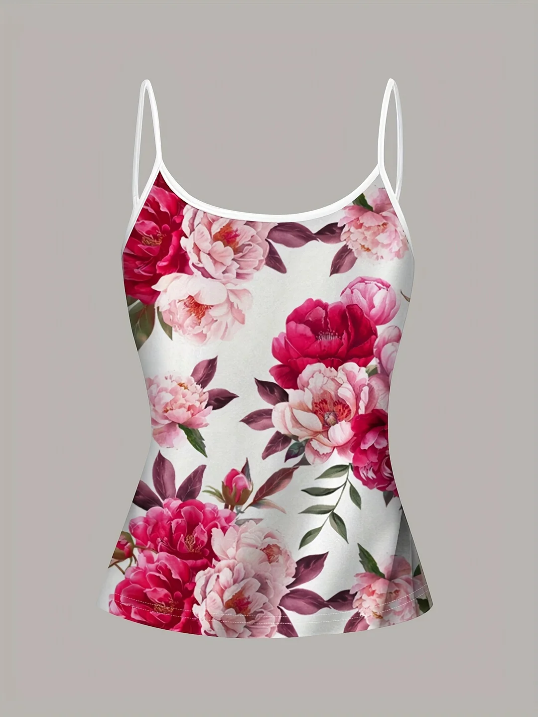 Elegant Floral Print Spaghetti Strap Tank Top For Women - Sleeveless, Summer-Friendly, White With Pink And Purple Flowers, Polyester, Casual Wear | Floral Print Top | Polyester Fabric | IFYHOME