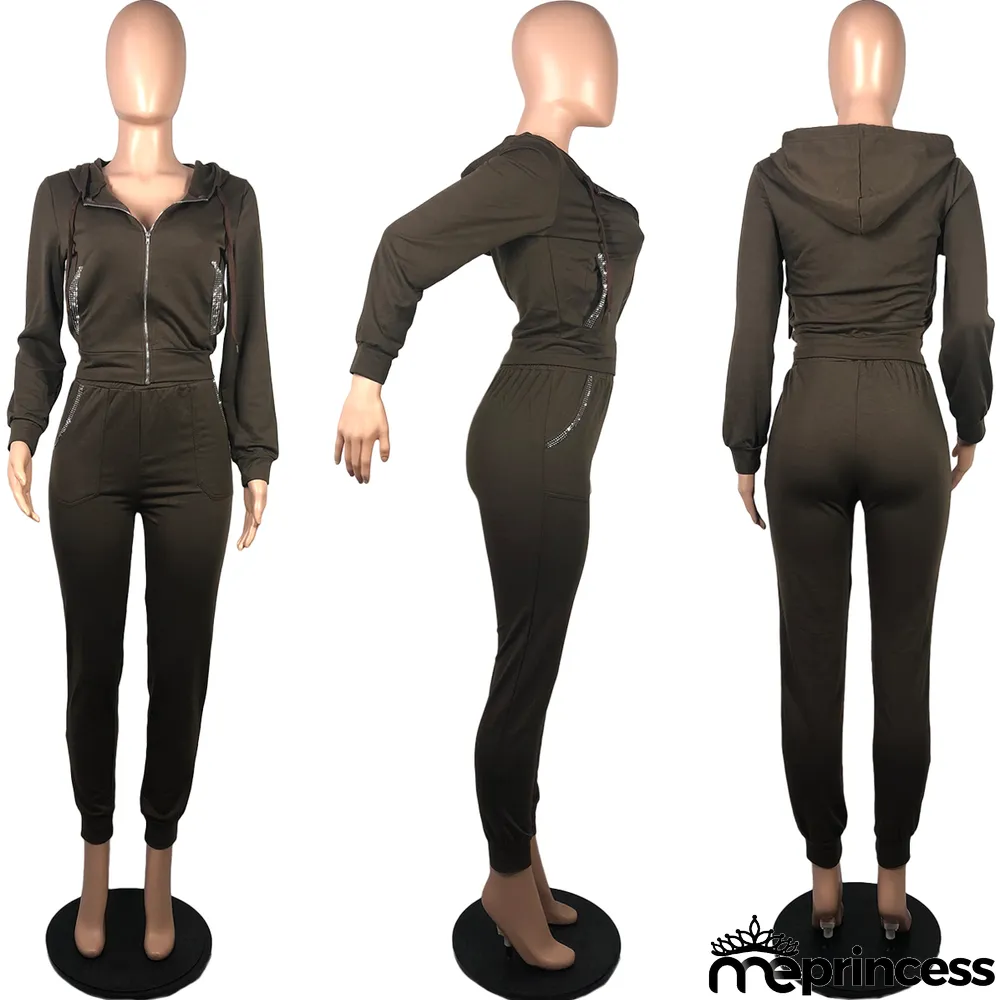 Solid Color Hooded Sports Casual Two Piece Set