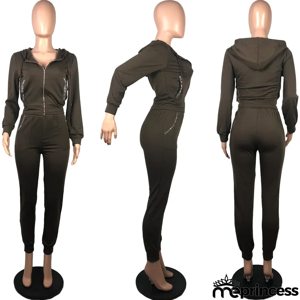 Solid Color Hooded Sports Casual Two Piece Set