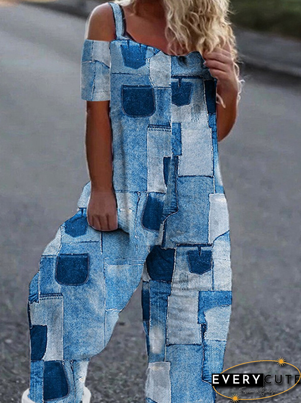 Geometric Casual Summer Square neck Lightweight No Elasticity Daily Loose H-Line Jumpsuit & Romper for Women