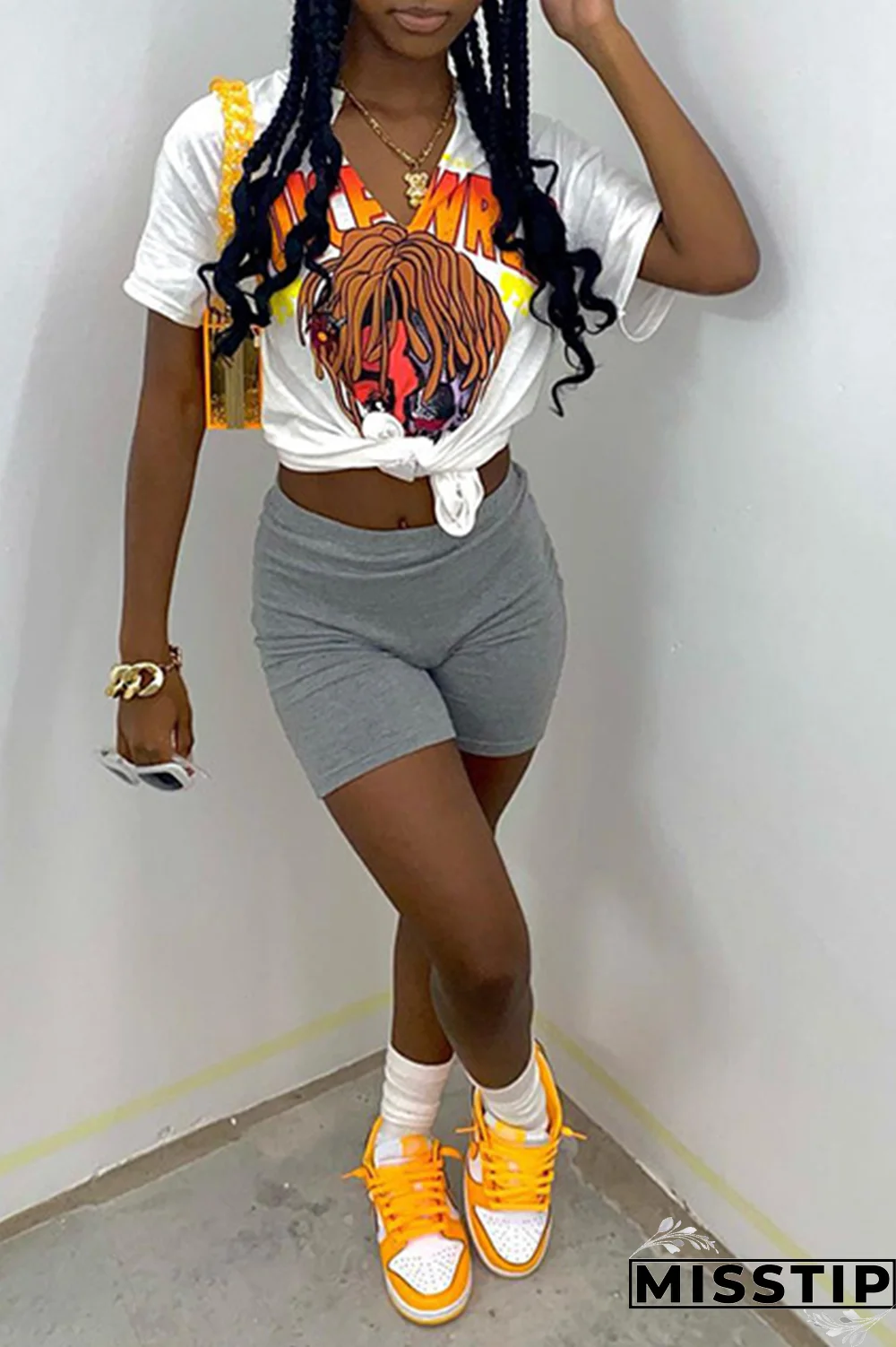 White Fashion Print Patchwork V Neck T-Shirts