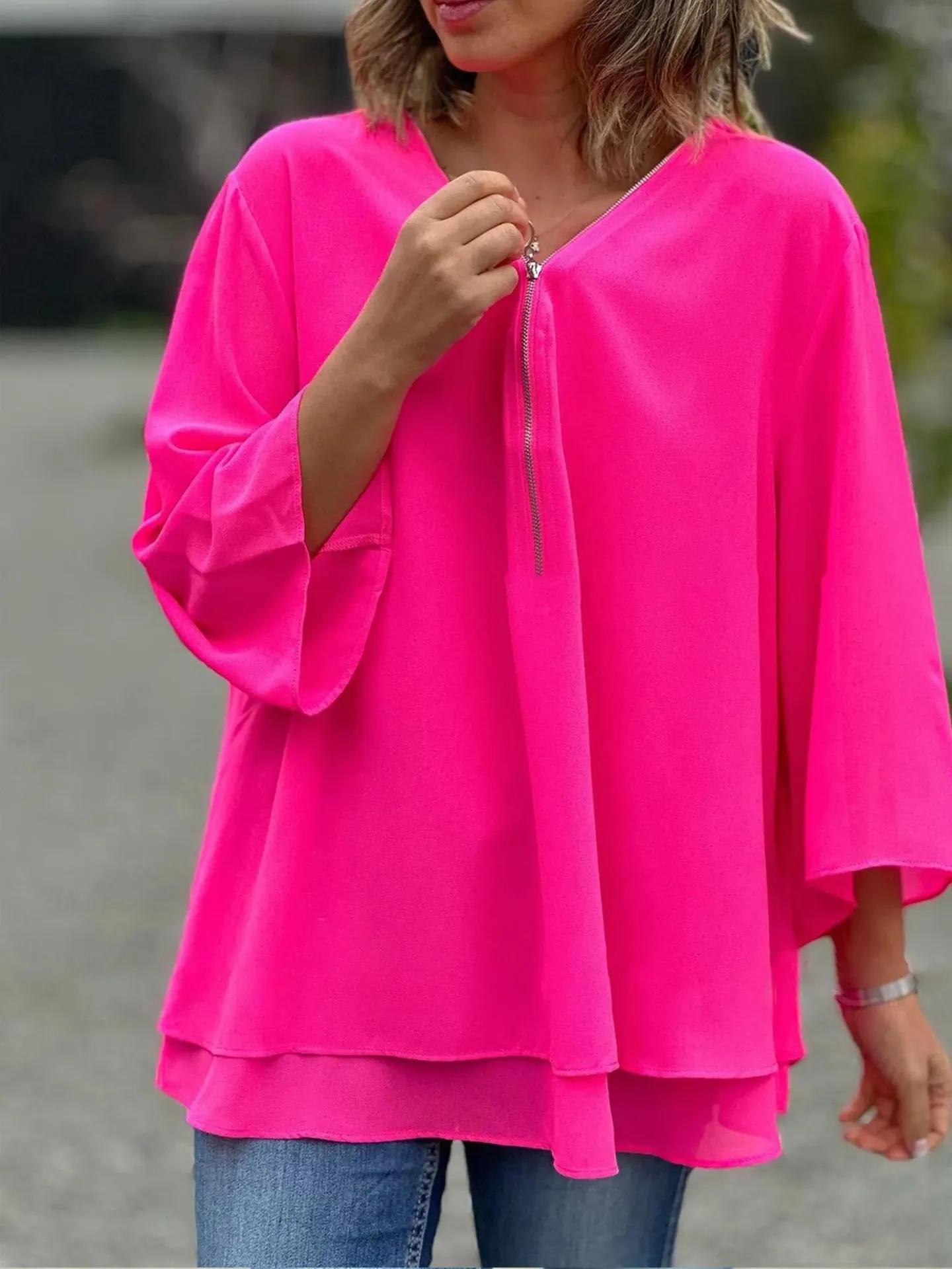 Women's Yellow Half Zip V Neck Blouse - Double Layer Chiffon 3/4 Sleeve Flowy Top