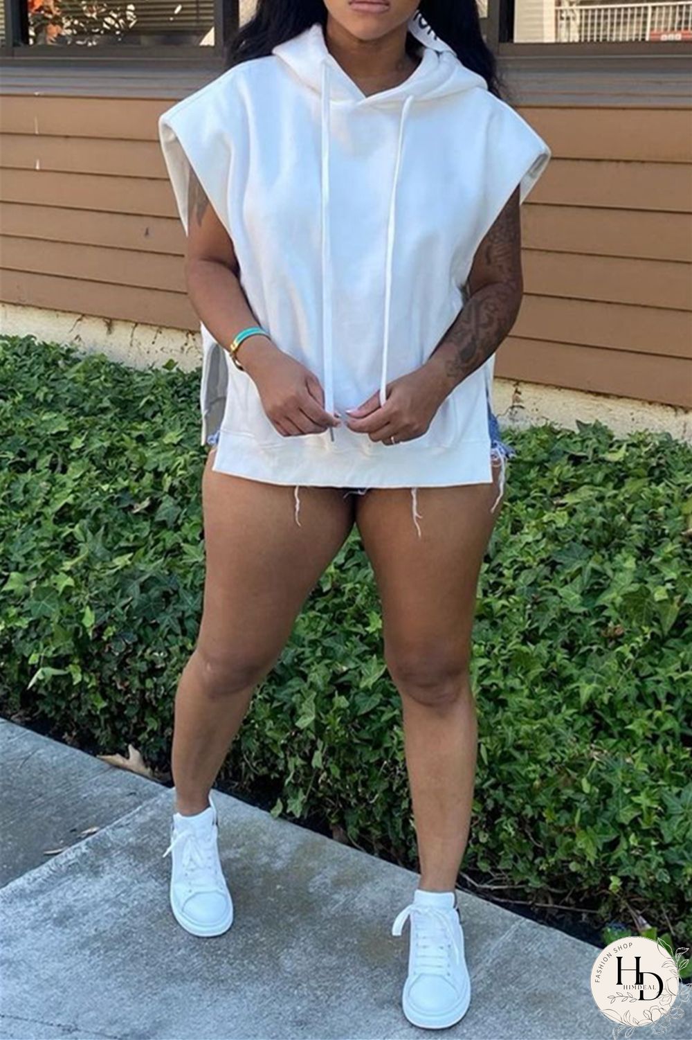 Black Casual Simplicity Solid Draw String Slit Hooded Collar Tops