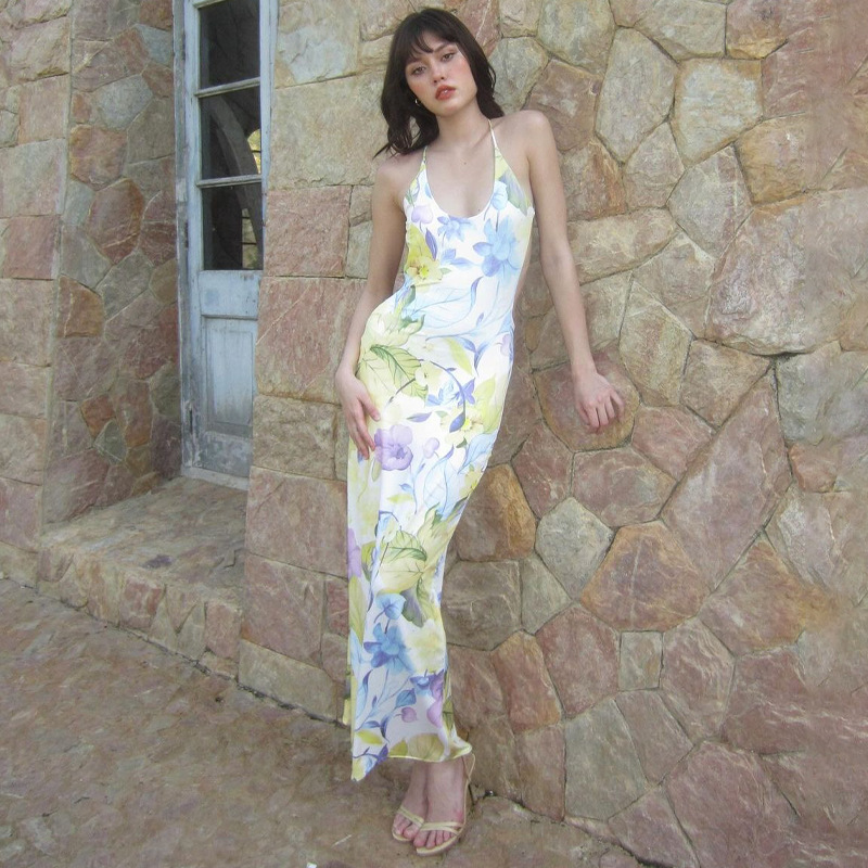 Ootddress Printed Backless Fashion Dress For Women Bandage Summer 2025 Slim Elegant Ladies Party Dress Gown Lace-Up Sexy Maxi Dress