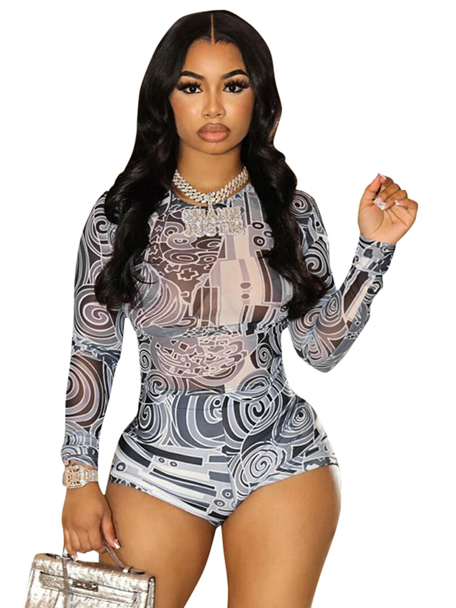 Women Summer Round Neck Long Sleeve Mesh Top and Shorts Casual Two-piece Set