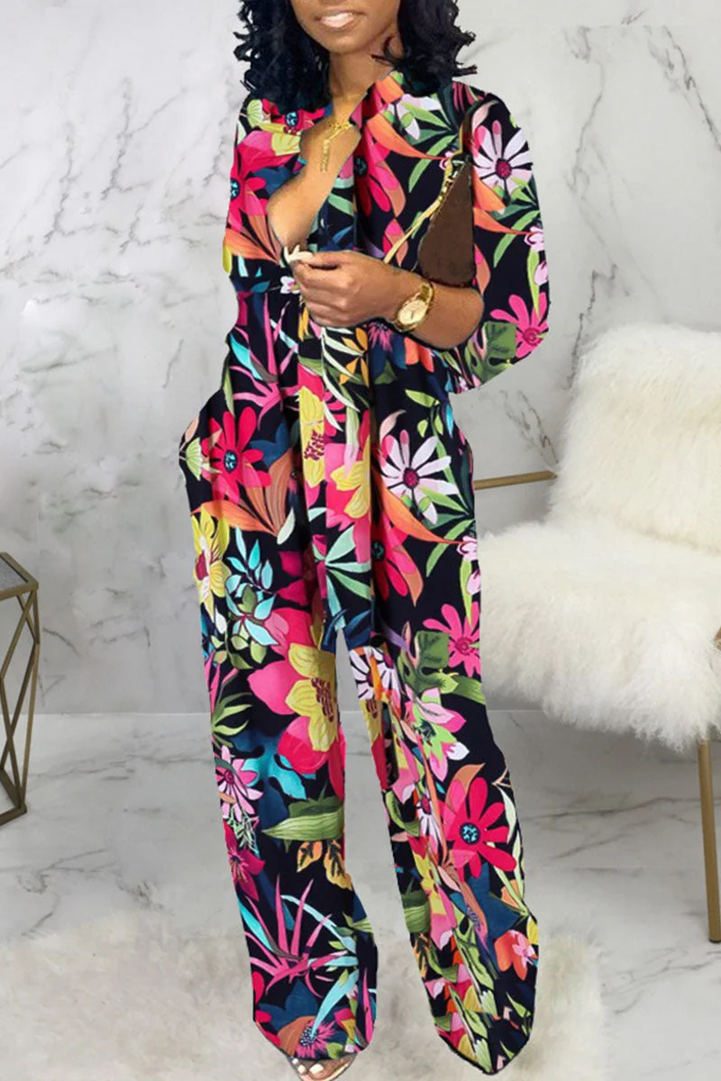 Casual Print Split Joint V Neck Straight Jumpsuits