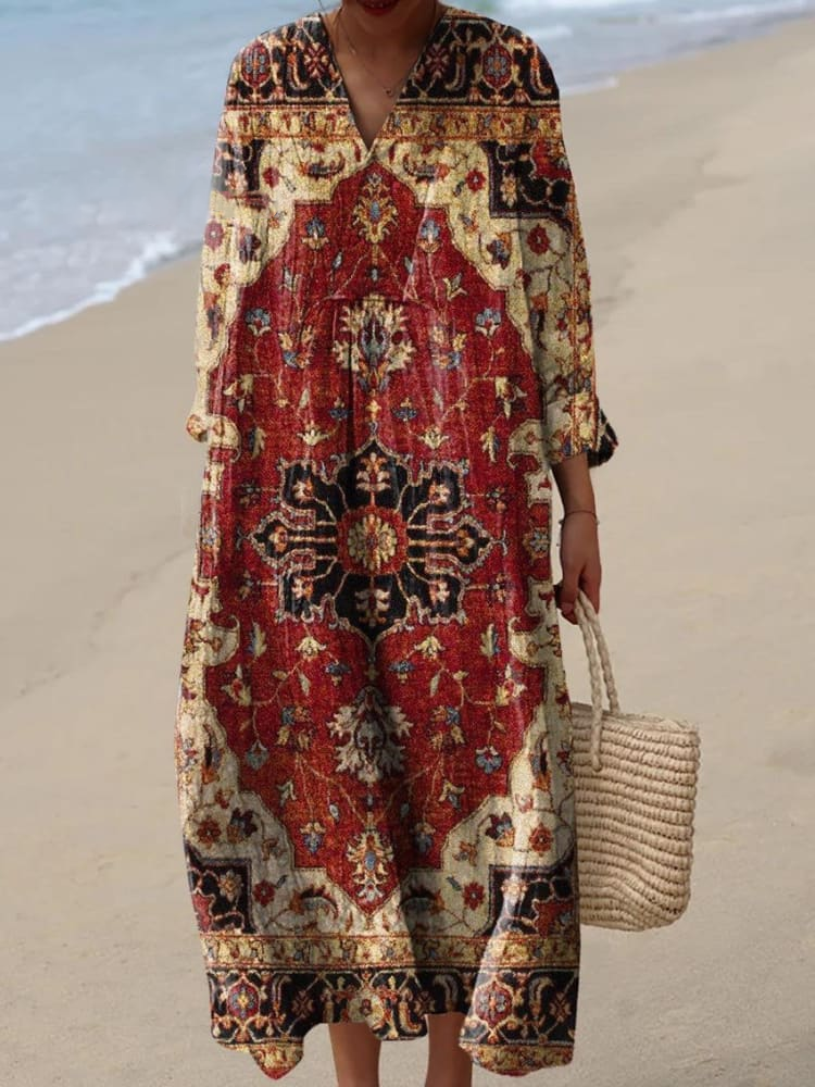 Womens Artistic Geometric Flowers Pattern Print Casual Flowy Dress