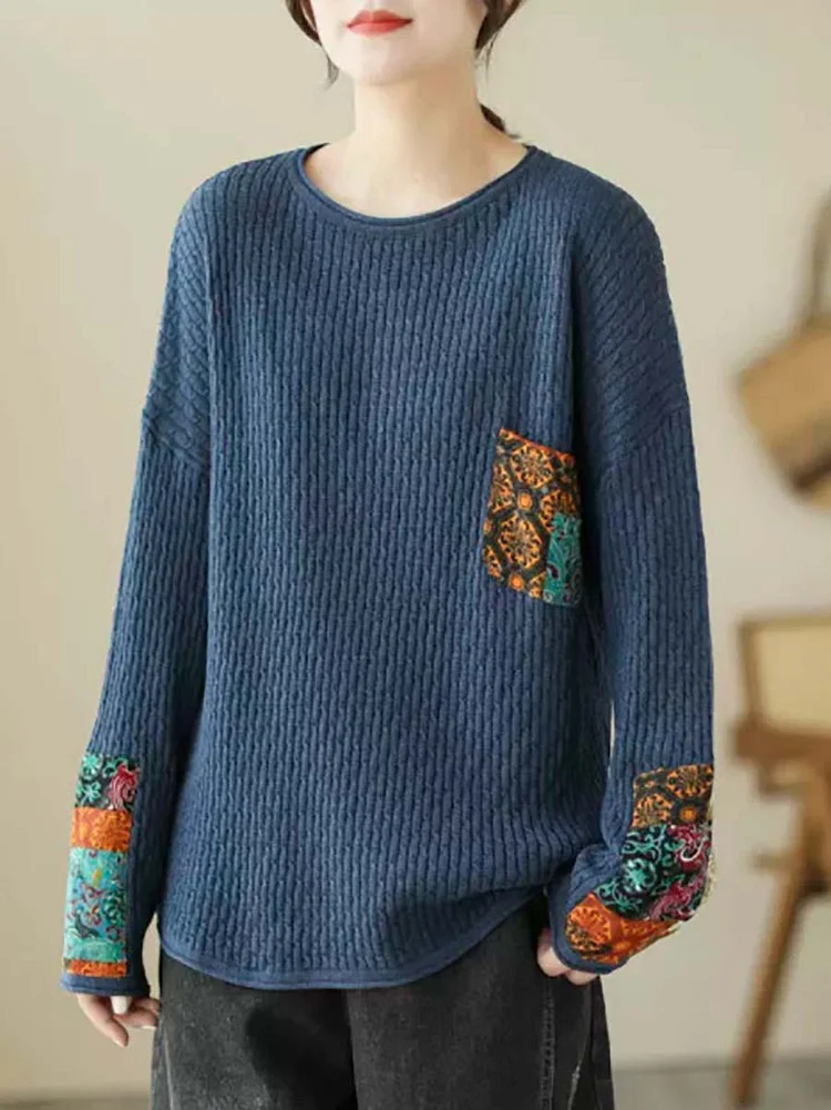 Women Autumn Artsy Knitted Patchwork Loose Sweater