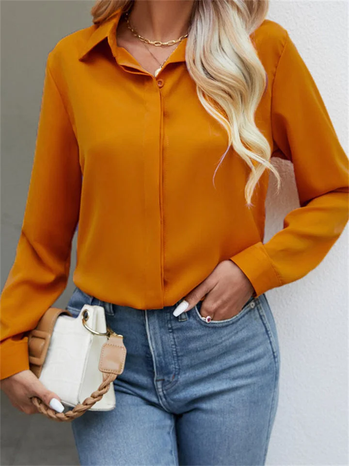 Silky Cozy Female Lapel Solid Color Chiffon Blouse