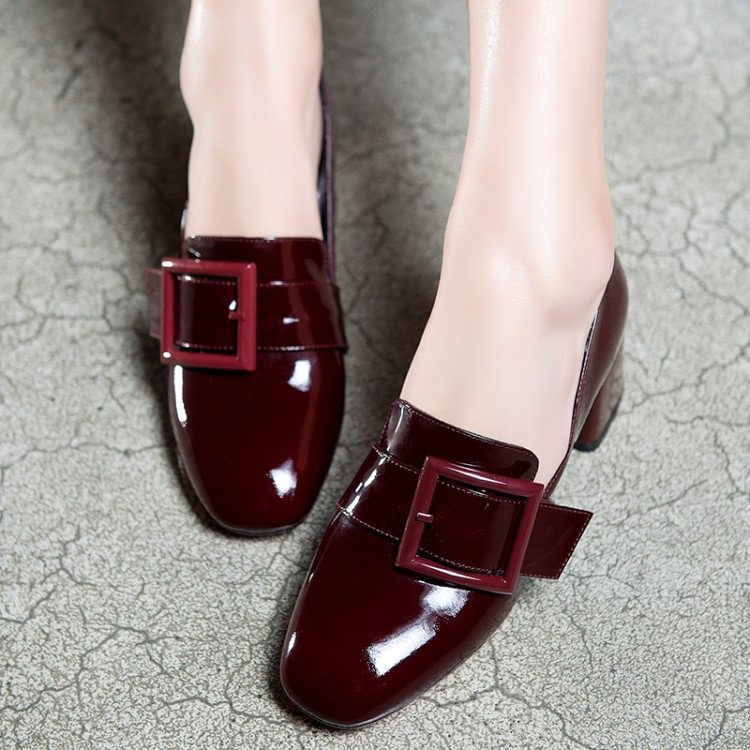 Women's Maroon Square Toe Chunky Heels Commuting Vintage Shoes |FSJ Shoes