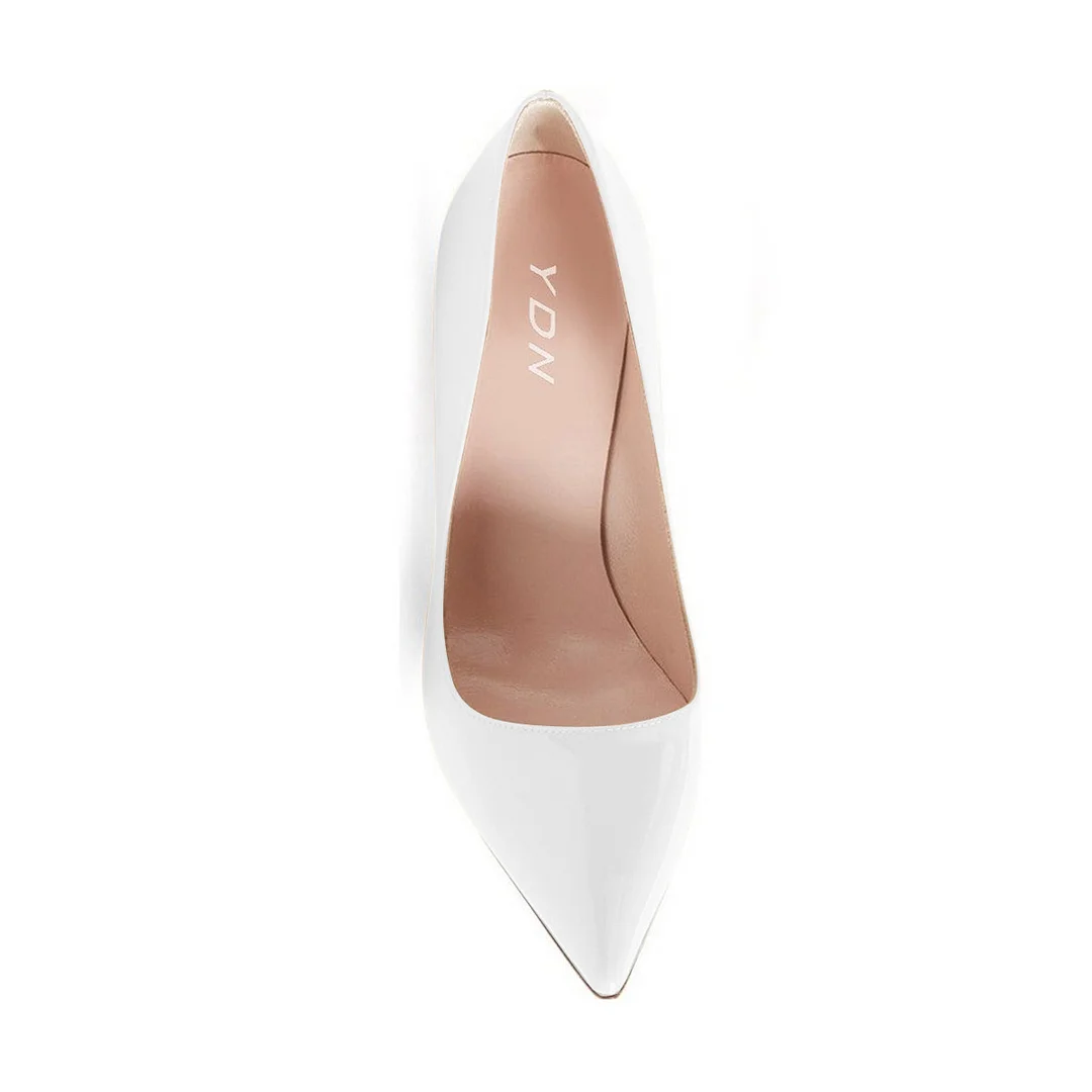 Simple Patent Leather Pointed Toe Stiletto Heel White Pumps