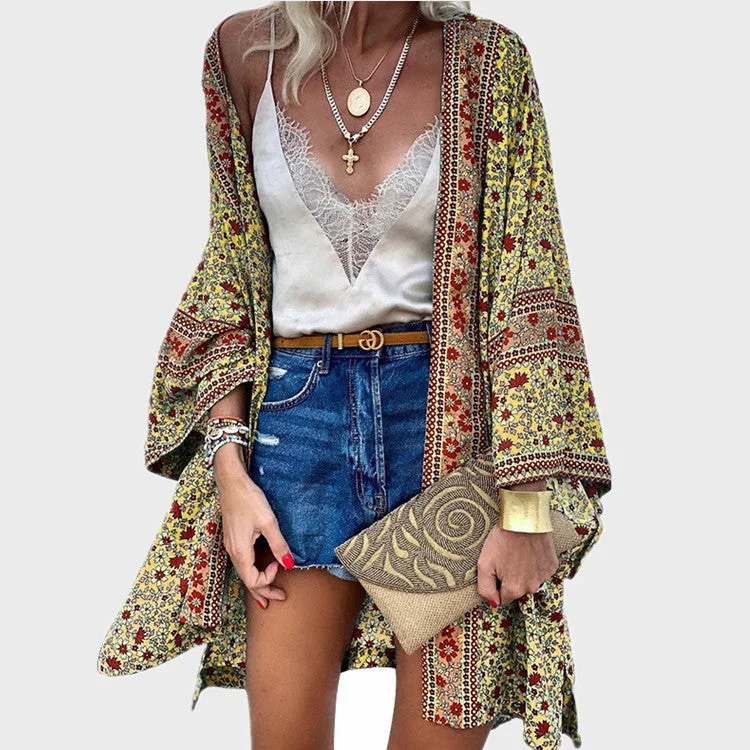 Uveng Early Autumn Street Hipster Thin Loose Bohemian Long-sleeved Printed Mid-length Cardigan