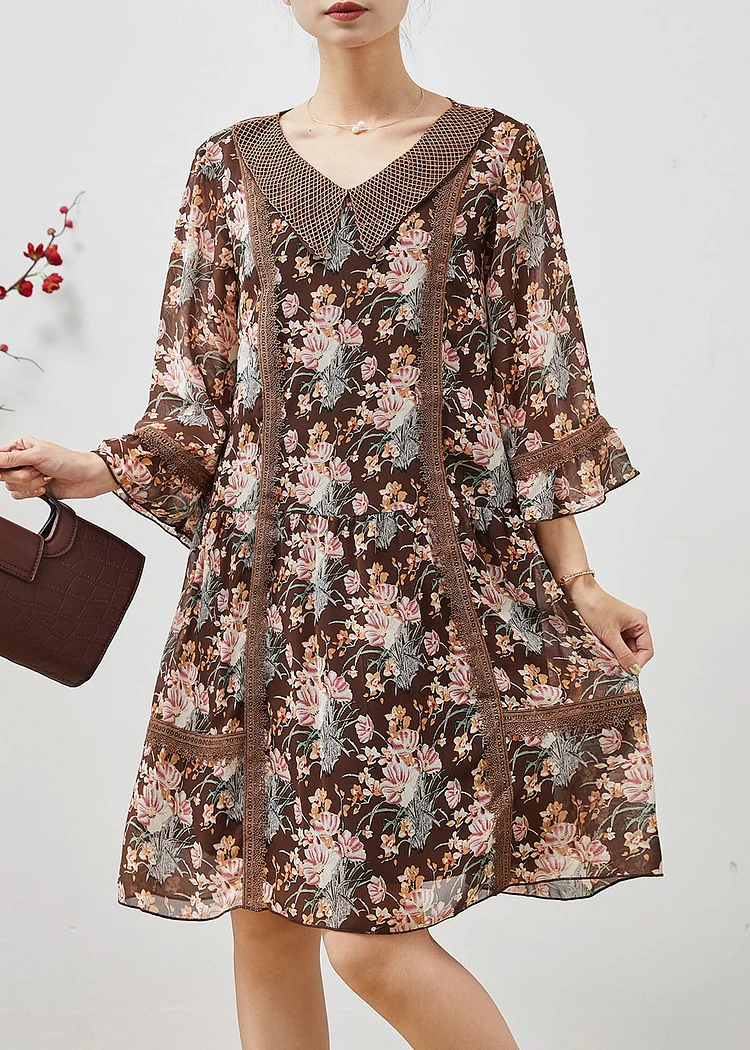 Bohemian Brown Print Patchwork Lace Holiday Dress Summer