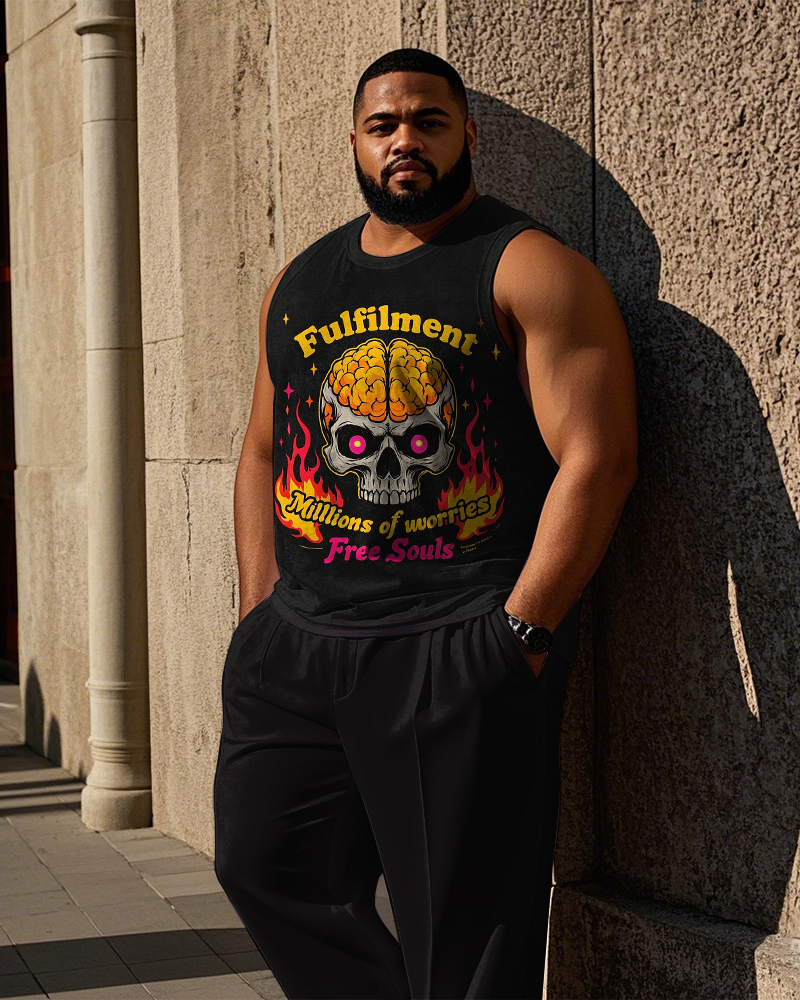 Men's Street Fashion Fire Skull Fulfilment Letter Printed Big and Tall Vest and Pants Set
