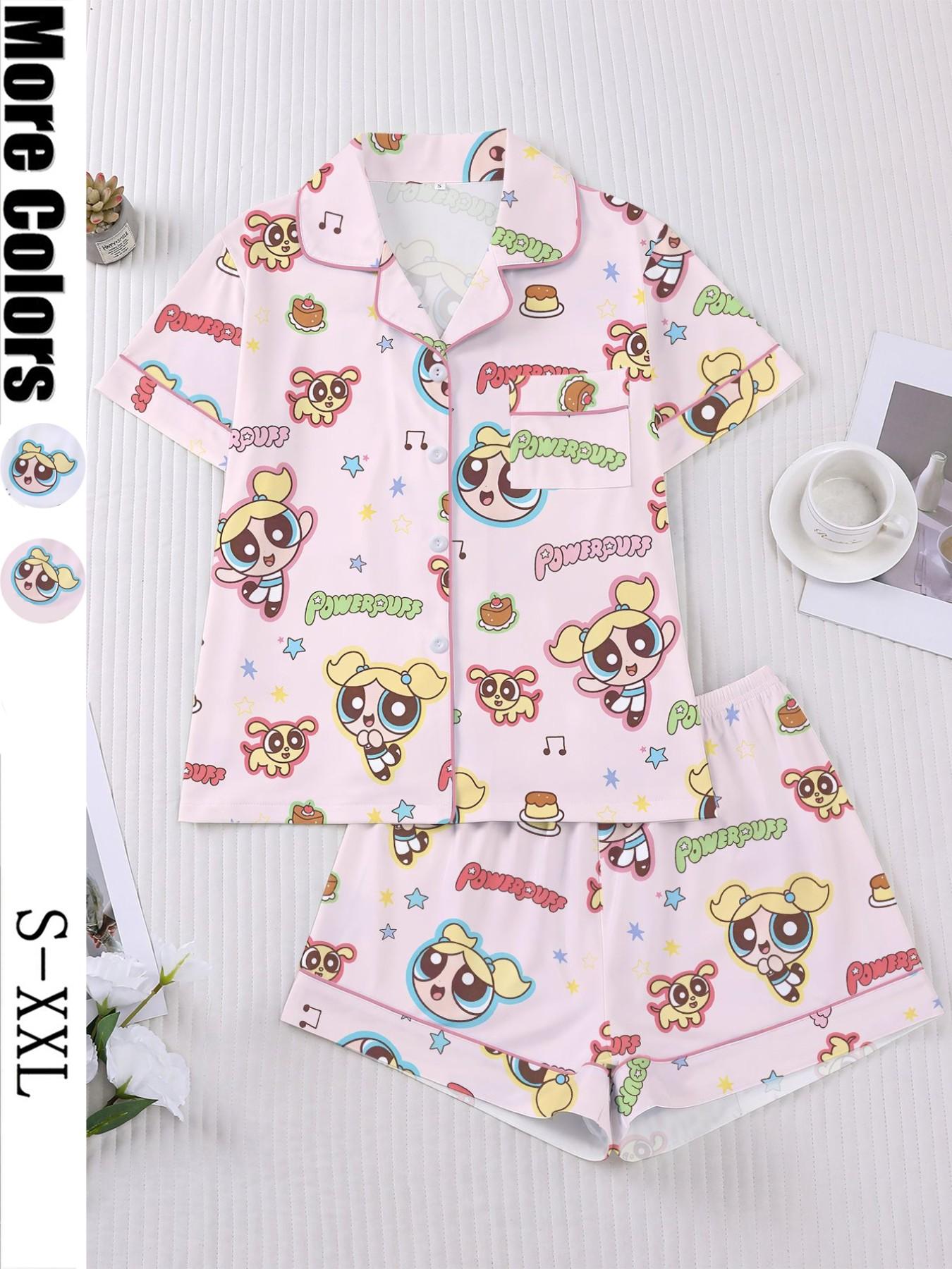Flying Girl Print Women's Pajama Set, Short Sleeve Button-Up Soft Top and Loose Elastic Shorts, Casual Home Wear Loungewear for Daily Use Nightwear Pjs