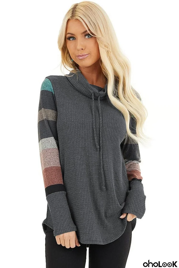 Cowl Neck Knit Top With Multi Color Striped Sleeves