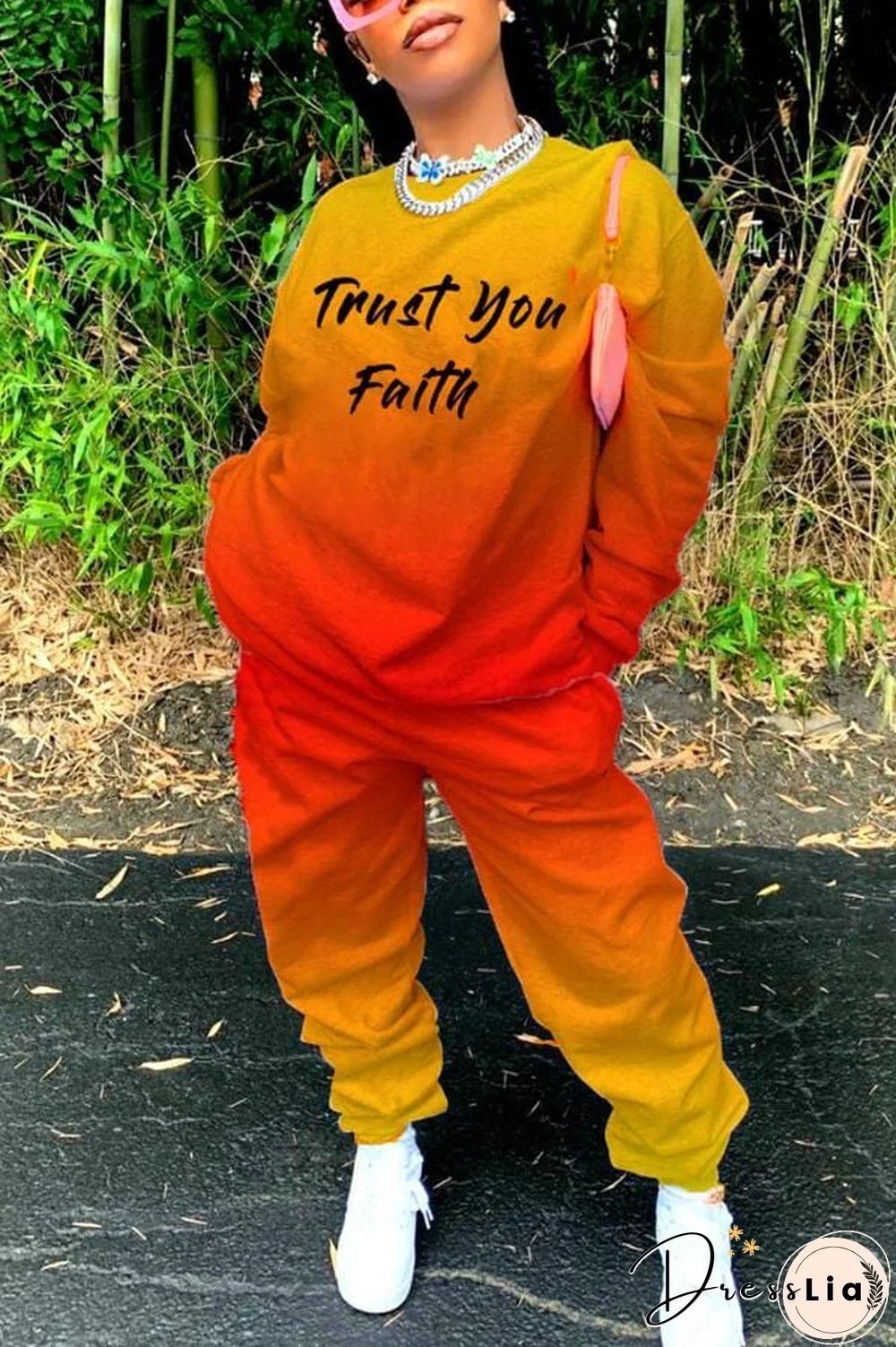 Fashion Casual Gradual Change Letter Print Two Piece Set