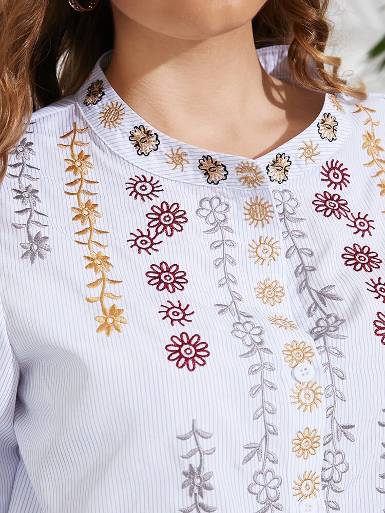Embroidered Flowers Stand Collar Casual Shirt P1838868