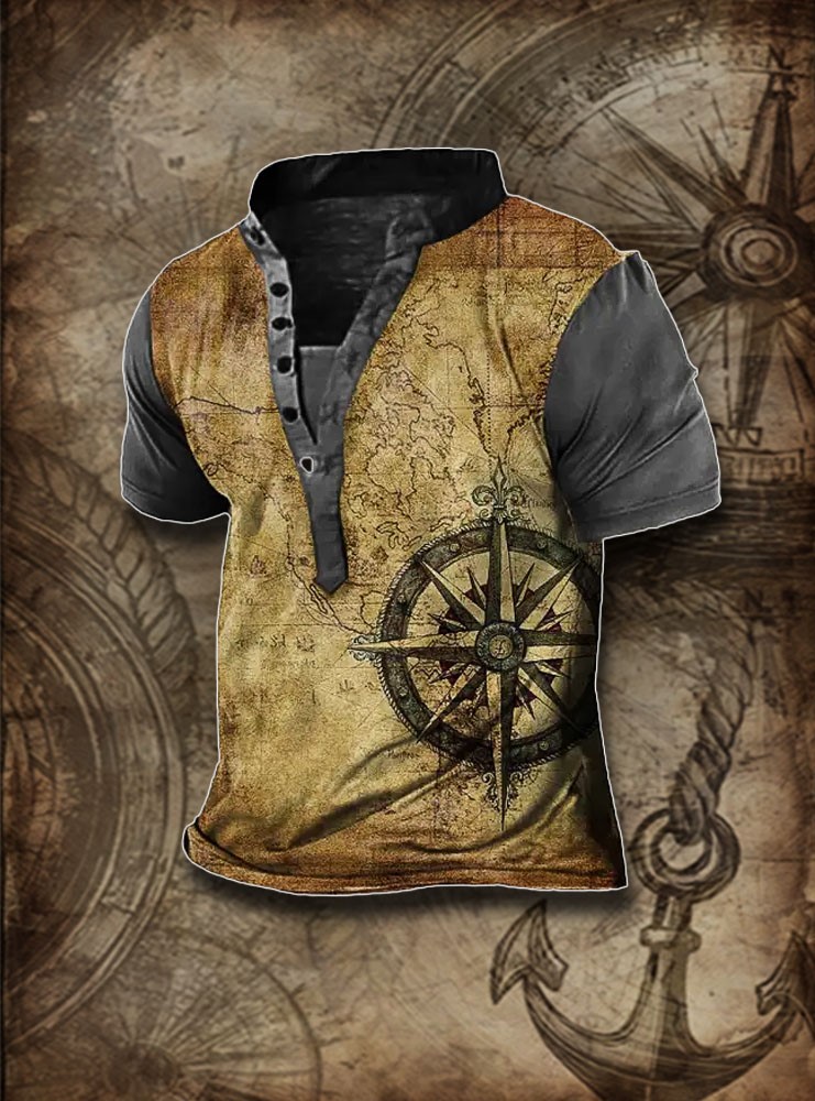 Men's World Map Guide Casual Henley / Rvogue / Rvogue