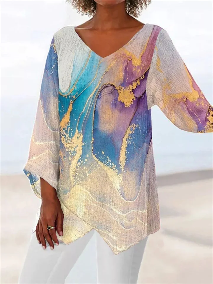 Women's New 3D Printed Natural Scenery V-neck Nine-minute Sleeve Loose Shirt