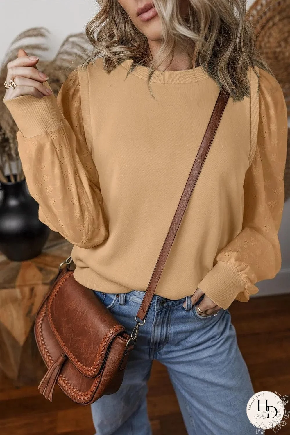 Pale Khaki Textured Patchwork Round Neck Sweatshirt