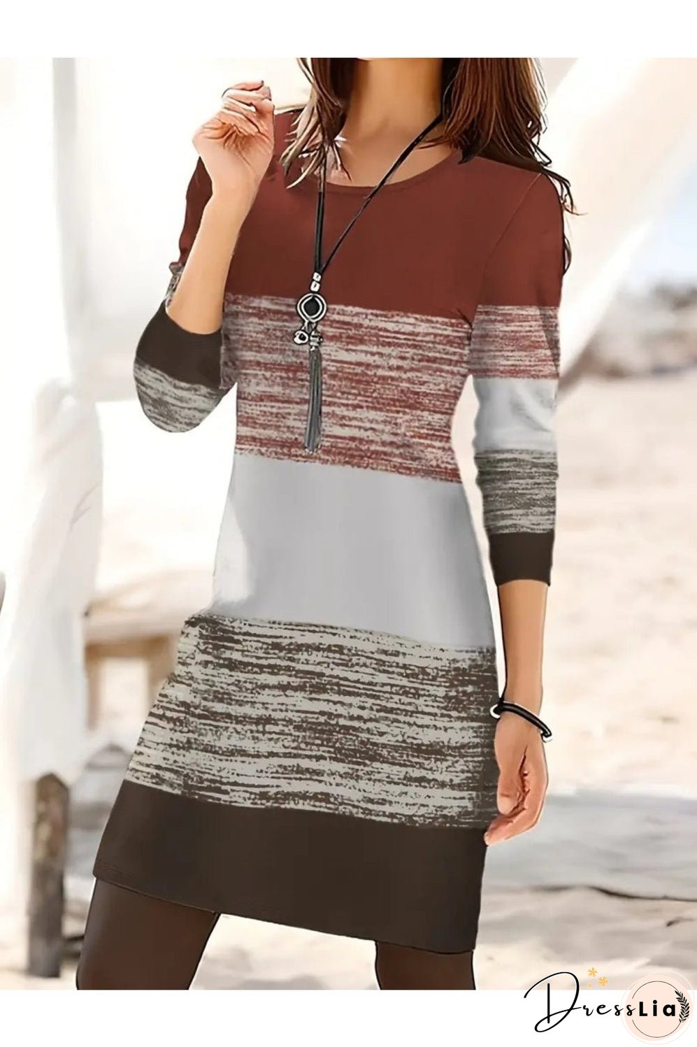 Color Block Round Neck Long Sleeve Dress