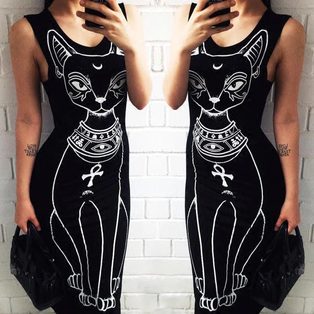 Women Long Maxi Dress Casual Cat Print Boho Beach Dress