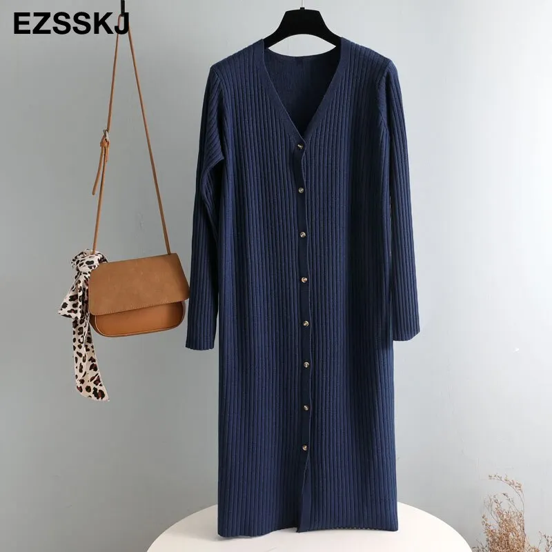 autumn winter v-neck STRAIGHT sweater dress chic oversize loose knit dress women long dress Female  chic sweater maixt dress