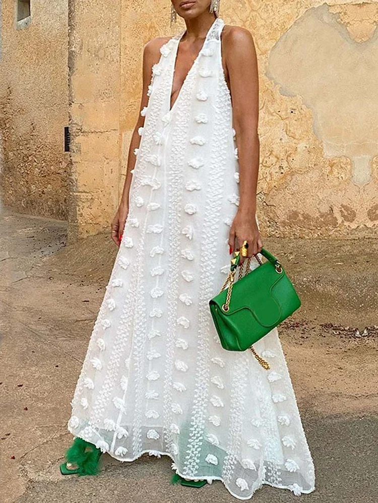 Fashion Plain Deep V Neck Halter Backless Big Swing Maxi Flowy Dress